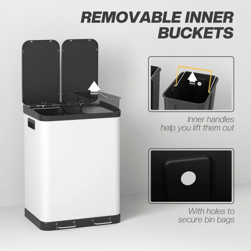 HOMCOM Kitchen Garbage Bin, 2 x 7.9 Gal (2 x 30 L) Trash Can, Soft-Close Garbage Can with Removable Inner Buckets, White