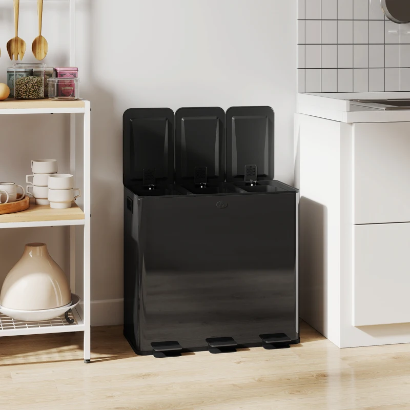 HOMCOM Garbage Bin, Soft-Close Trash Can with Foot Pedal, 3x5 Gallon (3x20 L) Garbage Can with Removable Inner Buckets, Black