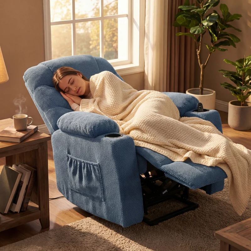HOMCOM Power Recliner Chair with Massage, Electric Lift Chair for Elderly with Side Pockets, Cup Holders, Remote, Blue