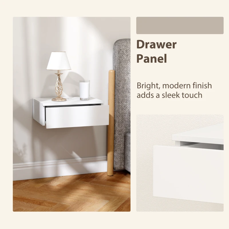 HOMCOM Set of 2 Wall Mounted Bedside Tables, Floating Nightstands with Drawer for Bedroom, White