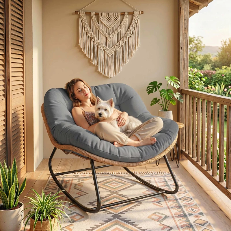 Outsunny Indoor Outdoor Papasan Rocking Chair, Oversized Rocking Egg Chair with Cushion for Garden, Patio, Grey