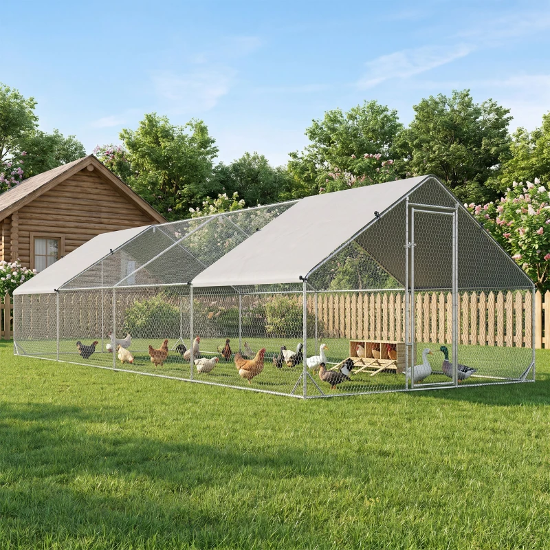 PawHut 9.8' x 26.2' x 6.6' Chicken Coop Cage, Outdoor Hen House w/Cover & Lockable Door