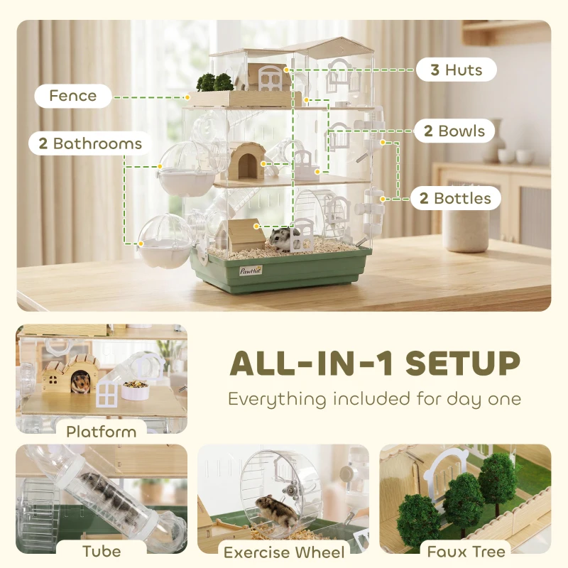 PawHut Large Hamster Cage, 3 Tiers Acrylic Hamster Habitat with Water Bottles, Running Wheel for Pet Mice, Dwarf Hamster