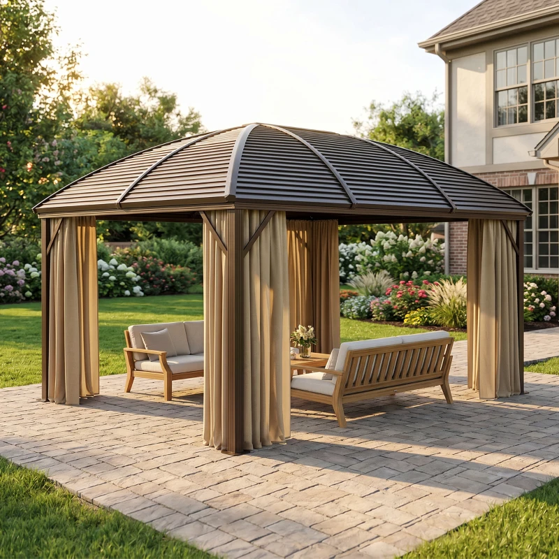 Outsunny 10' x 13' Hardtop Gazebo Aluminum Outdoor Canopy with Mesh Nettings, Curtains, Brown