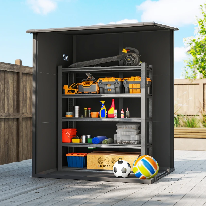 Outsunny 4'x5' Garden Storage Shed, Lean to Shed, Lockable Garden Tool Storage House with Window, Vent, Dark Grey