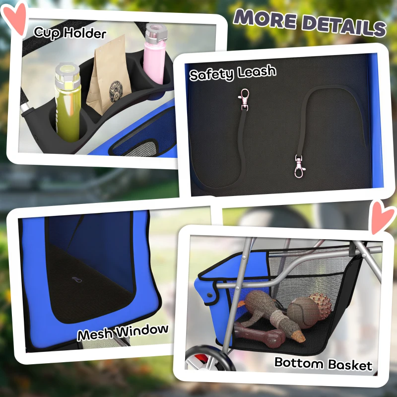 PawHut Pet Stroller with Reflective Strips, Foldable Cat Stroller with 360° Swivel Wheels for Small Dogs and Cats, Blue