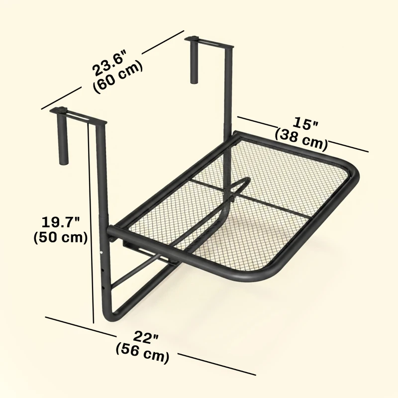 Outsunny Adjustable Balcony Hanging Railing Table, Metal Mounting Mini Wall Desk Storage Rack, Outdoor Flower Stand Serving Table Rectangle, Black
