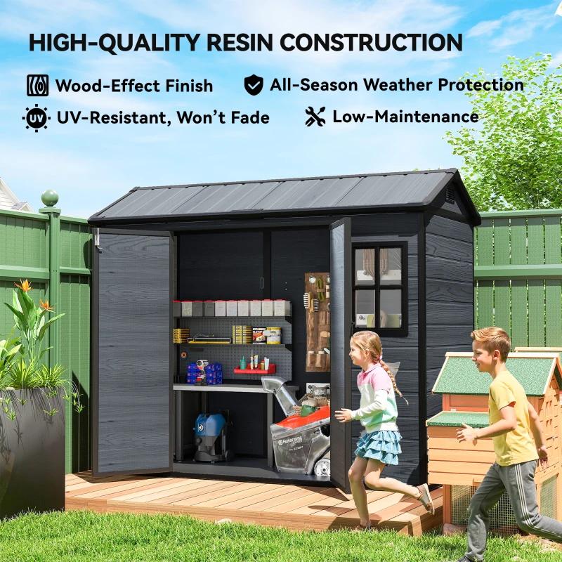 Outsunny 8 x 4 ft Plastic Garden Shed, Wood-Effect Outdoor Storage Shed with Floor, Windows, Lockable Doors and Vents, Dark Grey