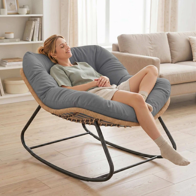 Outsunny Indoor Outdoor Papasan Rocking Chair, Oversized Rocking Egg Chair with Cushion for Garden, Patio, Grey