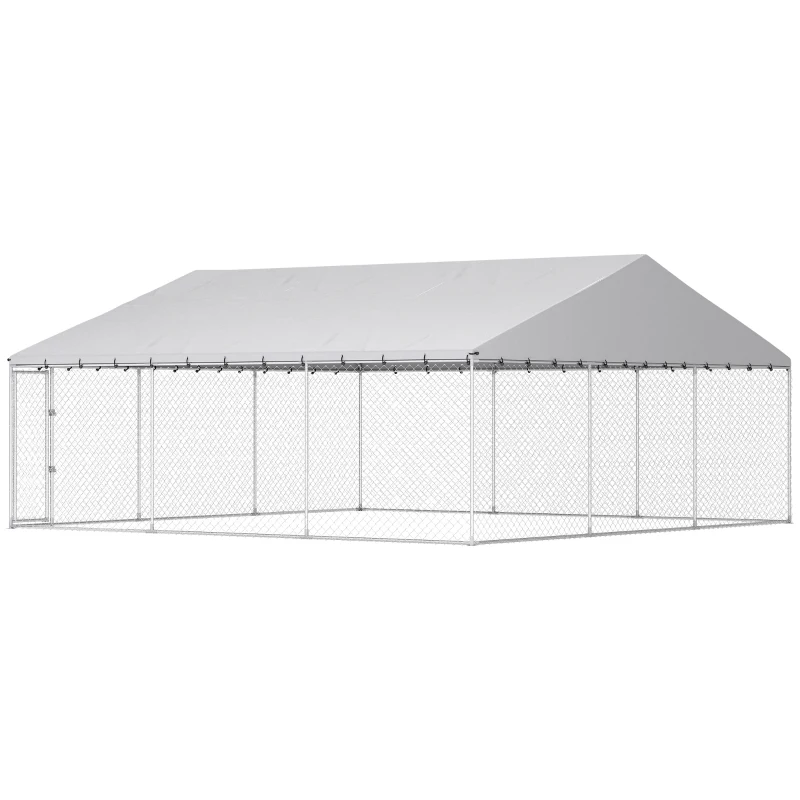 PawHut Heavy Duty Outdoor Dog Kennel with Waterproof Roof, Secure Latch, Chain Link Dog Run for Backyard, 19.7' x 19.7' x 8.9'
