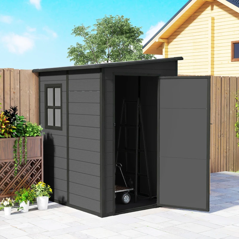 Outsunny 4'x5' Garden Storage Shed, Lean to Shed, Lockable Garden Tool Storage House with Window, Vent, Dark Grey