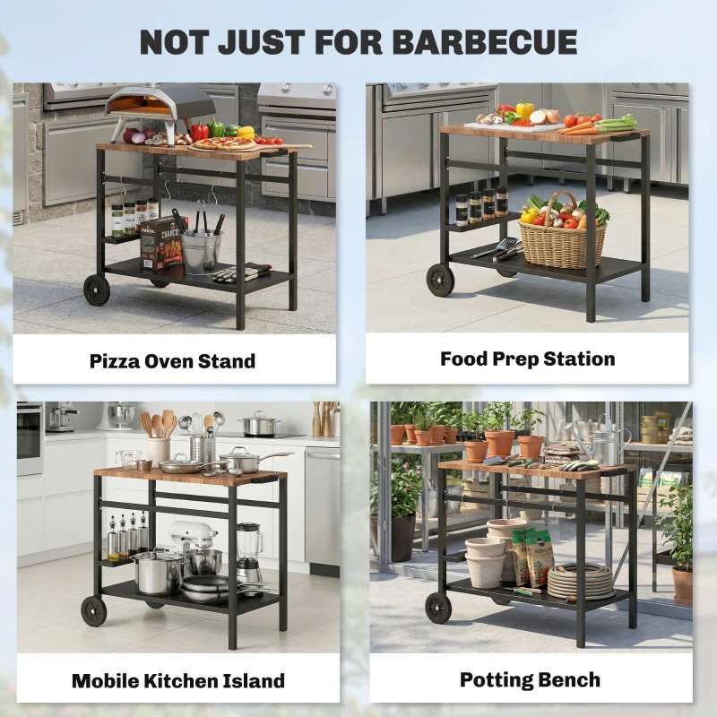 Outsunny Outdoor Grill Cart, 2-Tier Pizza Oven Stand, BBQ Stand with Beverage Holder, Hooks, Wheels, Black and Brown