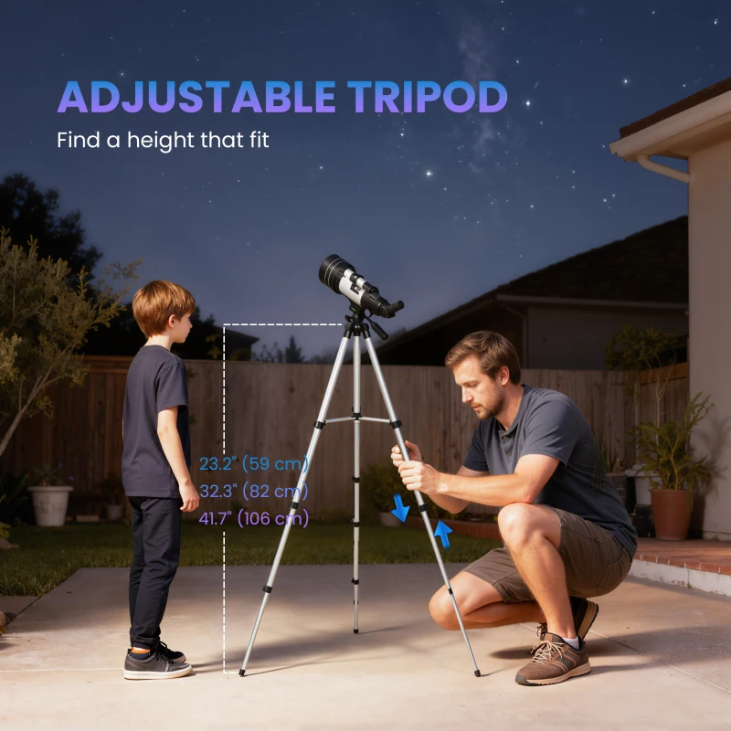 Outsunny Astronomical Telescope for Adults, 70 mm Aperture Refractor Telescope with 100X, Adjustable Tripod, White