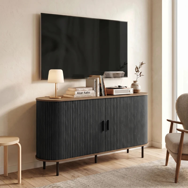HOMCOM Fluted Sideboard Buffet Cabinet, 55" Mid Century Coffee Bar Cabinet with Sliding Doors and Adjustable Shelves, Black