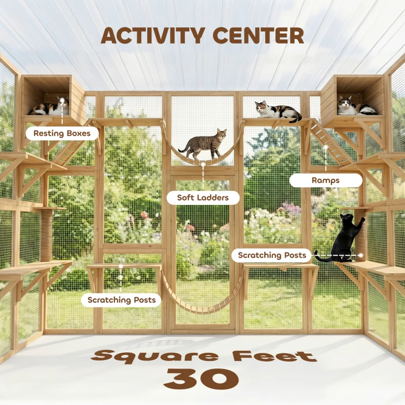 PawHut Catio Playground Cat Window Box Outside Enclosure for Multiple Cats w/ Shelves & Bridges, Yellow