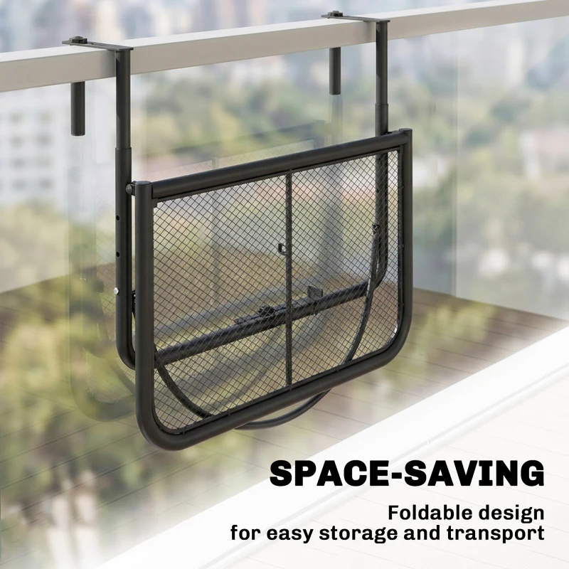 Outsunny Adjustable Balcony Hanging Railing Table, Metal Mounting Mini Wall Desk Storage Rack, Outdoor Flower Stand Serving Table Rectangle, Black