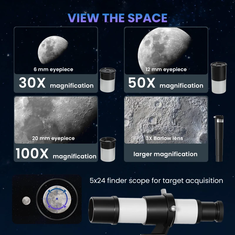 Outsunny Astronomical Telescope for Adults, 70 mm Aperture Refractor Telescope with 100X, Adjustable Tripod, White