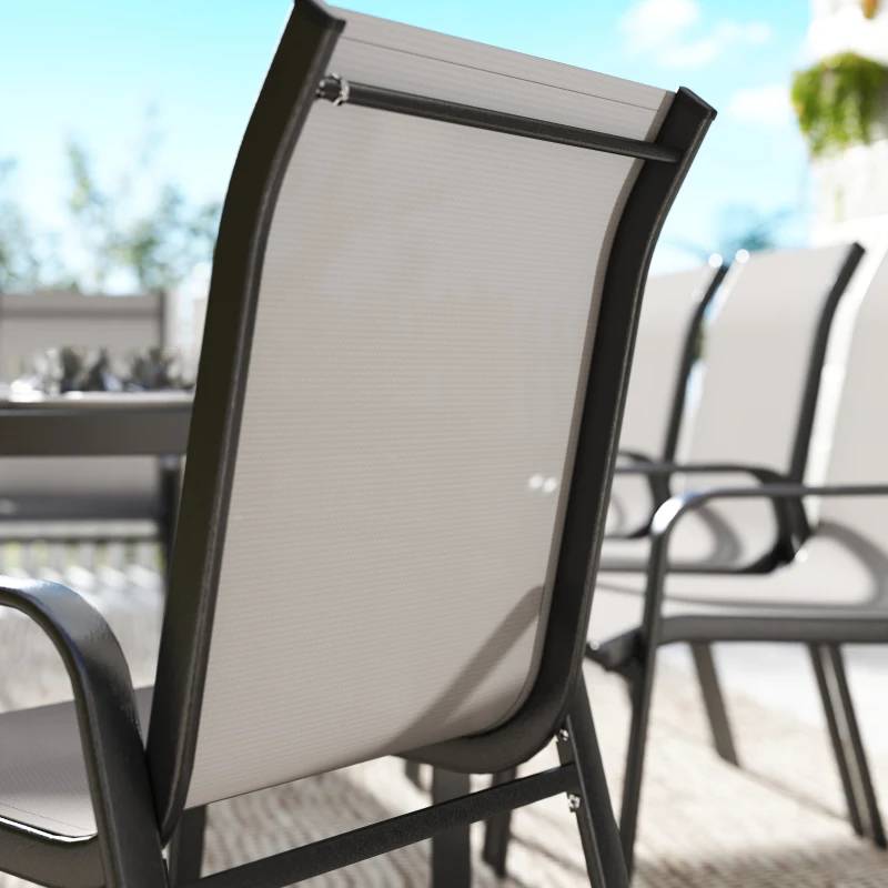 Outsunny Outdoor Dining Sets for 8 with Stackable Chairs, Patio Dining Set with Glass Top Table for Garden, Patio, Backyard, Dark Grey