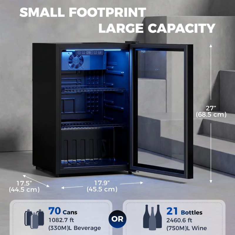 HOMCOM 2.4 Cu.Ft Beverage Refrigerator, 70 Can Beverage Fridge Cooler with Double-Layer Glass Door