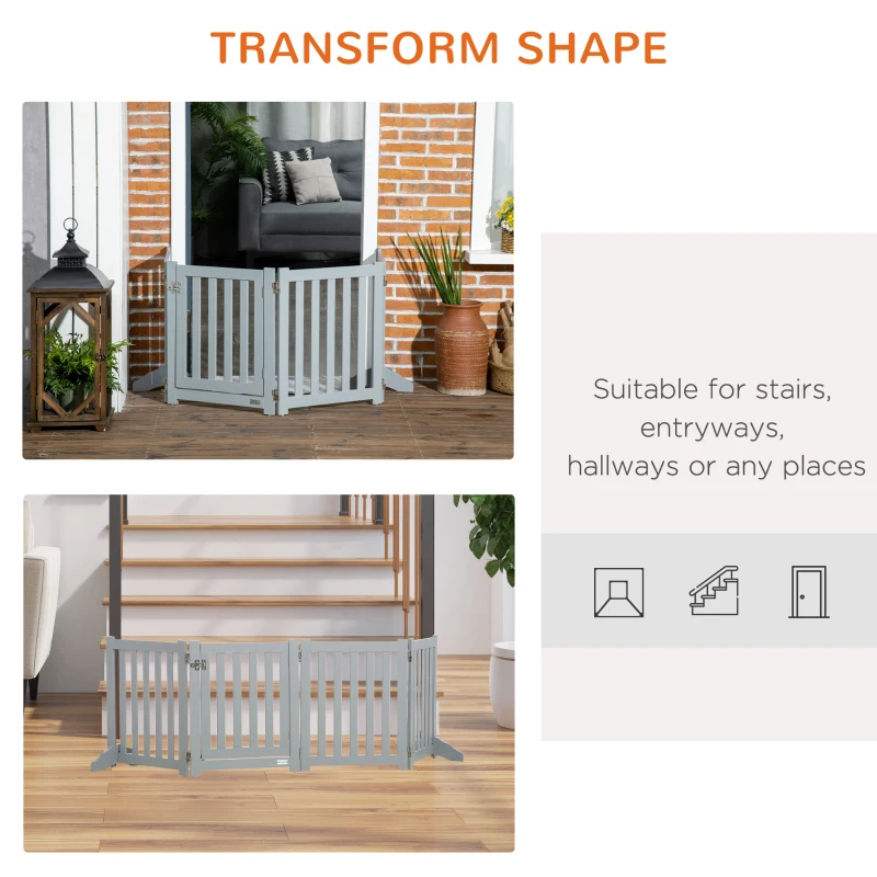 PawHut 23.5"H Foldable Dog Gate with Door, 4 Panels Freestanding Pet Gate Barriers Indoor with Support Feet, Puppy Fence for Dogs, Grey