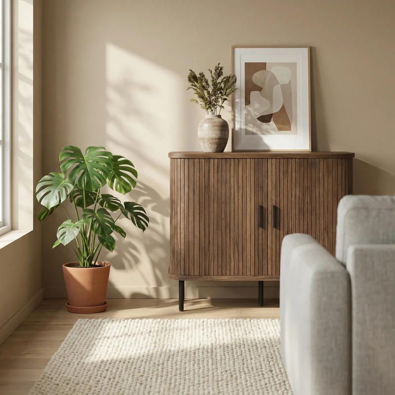 HOMCOM 35.4" Sideboard Buffet Cabinet with Storage, Nordic Coffee Bar Cabinet with Slatted Tambour Doors and Metal Legs, Walnut