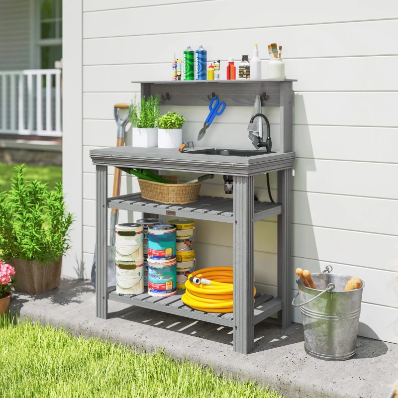 Outsunny Outdoor Potting Bench Table with Faucet, Removable Sink, Hooks and Storage Shelves, Wood Work Bench Workstation, Grey
