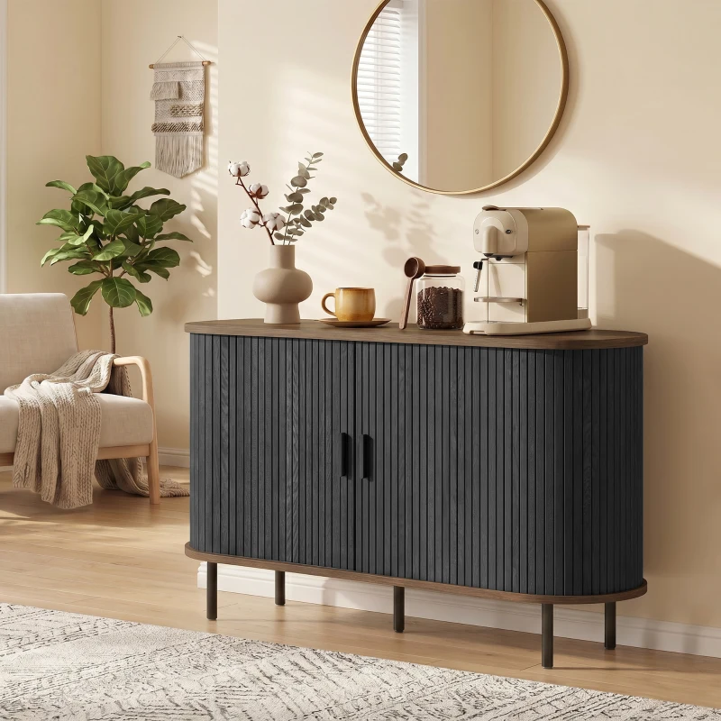 HOMCOM Fluted Sideboard Buffet Cabinet, 55" Mid Century Coffee Bar Cabinet with Sliding Doors and Adjustable Shelves, Black