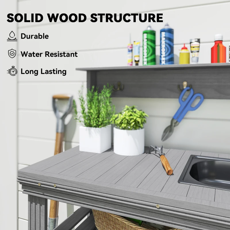 Outsunny Outdoor Potting Bench Table with Faucet, Removable Sink, Hooks and Storage Shelves, Wood Work Bench Workstation, Grey