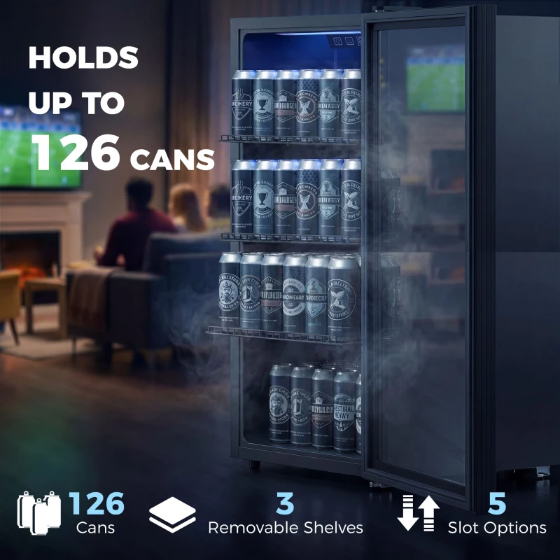 HOMCOM 3.2 Cu.Ft Beverage Refrigerator, 139 Can Beverage Fridge Cooler with Double-Layer Glass Door