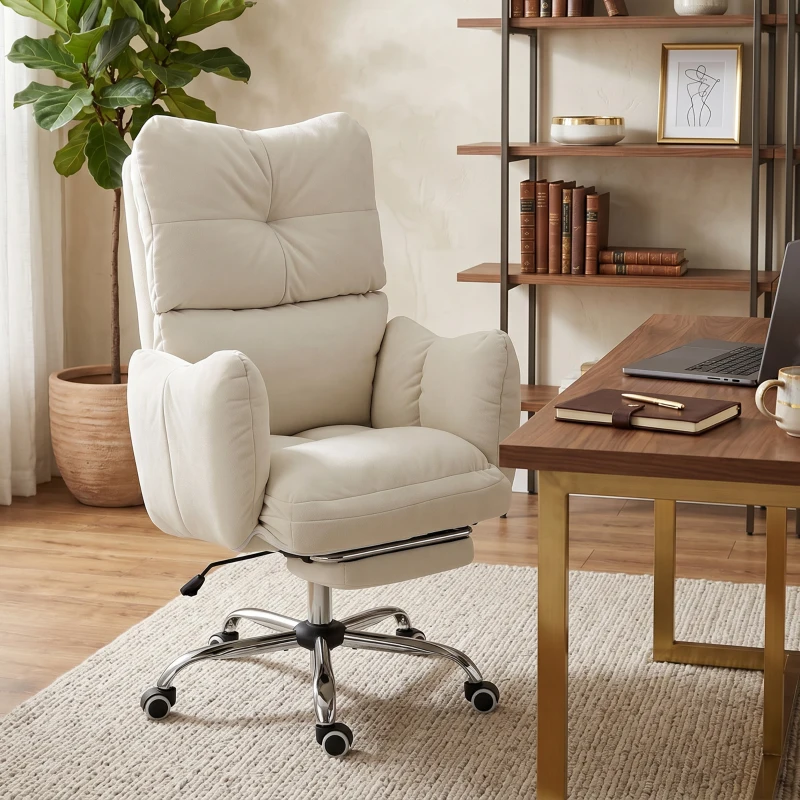 HOMCOM Office Chair with Foot Rest, Ergonomic Reclining Computer Gaming Chair with Snow Flannel Fabric, Thick Cushion, Cream