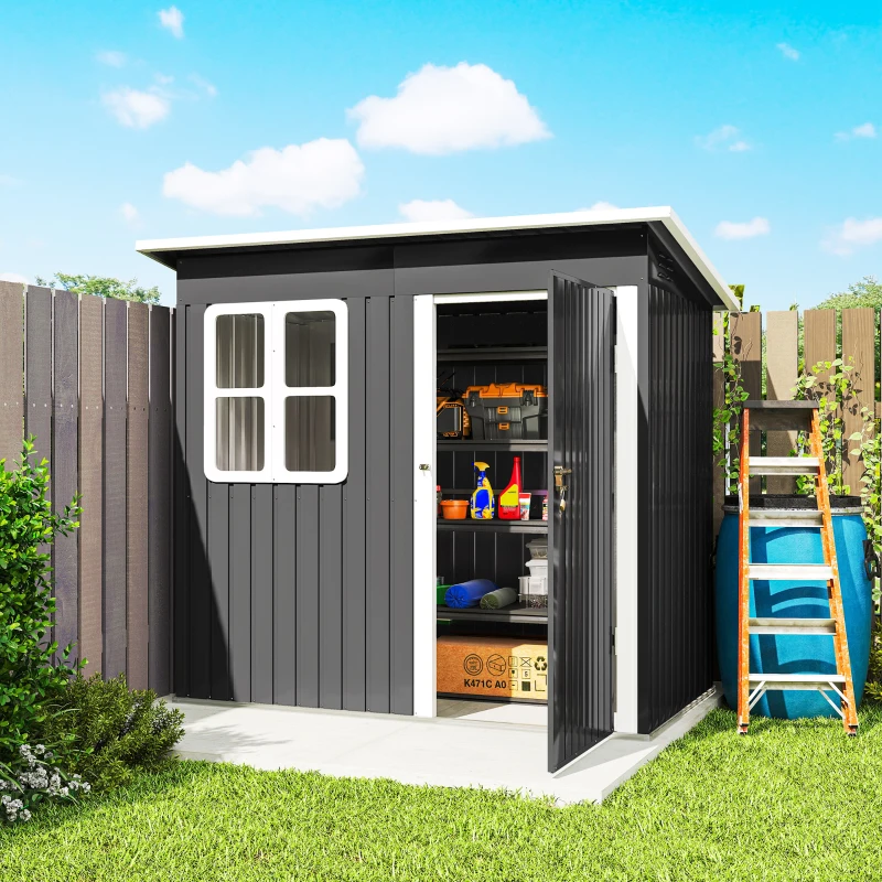 Outsunny 7' x 4' Galvanised Steel Outdoor Storage Shed, Garden Shed with Window, Lockable Wide Door and Air Vents, Dark Grey