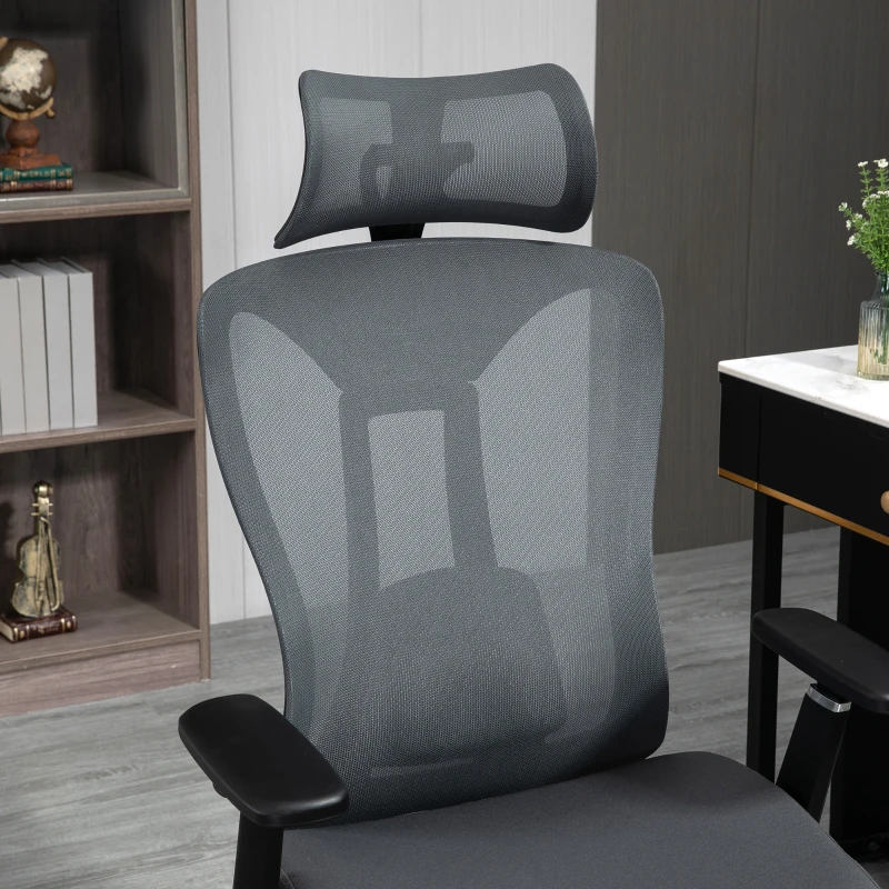 Vinsetto Ergonomic Office Chair with Adjustable Headrest, Lumbar Support, 3D Armrest, Mesh Computer Desk Chair with High Back, Swivel Reclining Seat with Tilt Function, Grey