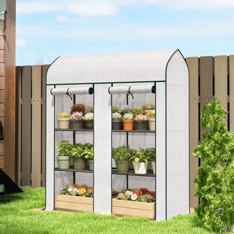 Outsunny 3 Tier Mini Greenhouse, Small Portable Greenhouse with 2 Roll-up Doors, 56.3" x 18.1" x 65", White