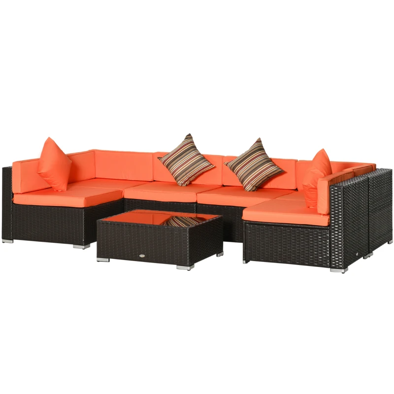 Outsunny 7 Pieces Patio Furniture Set, Rattan Conversation Set Garden Wicker Sofa Set with Washable Cushions and Coffee Table, for Deck Balcony Yard, Orange