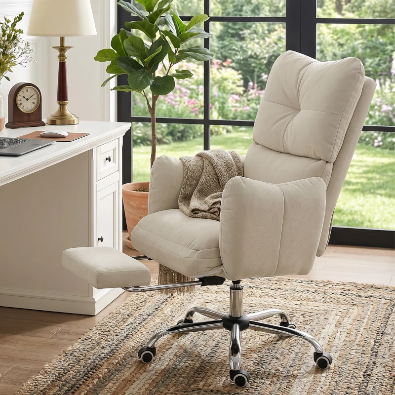 HOMCOM Office Chair with Foot Rest, Ergonomic Reclining Computer Gaming Chair with Snow Flannel Fabric, Thick Cushion, Cream