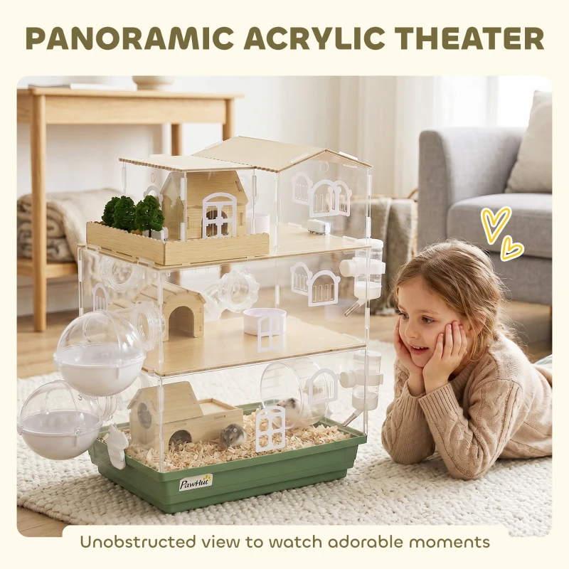 PawHut Large Hamster Cage, 3 Tiers Acrylic Hamster Habitat with Water Bottles, Running Wheel for Pet Mice, Dwarf Hamster