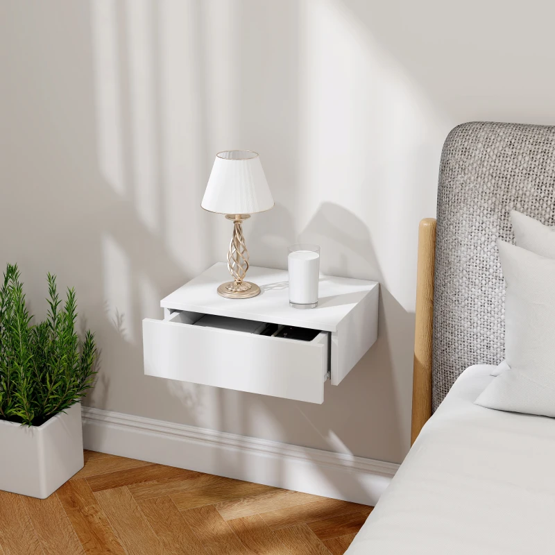HOMCOM Set of 2 Wall Mounted Bedside Tables, Floating Nightstands with Drawer for Bedroom, White