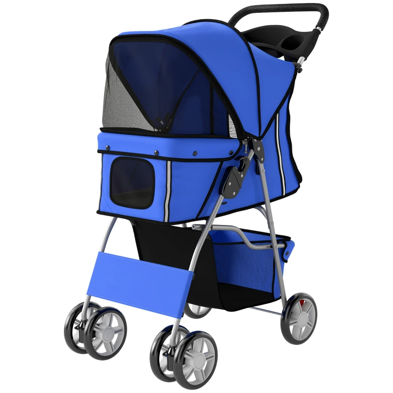 PawHut Pet Stroller with Reflective Strips, Foldable Cat Stroller with 360° Swivel Wheels for Small Dogs and Cats, Blue