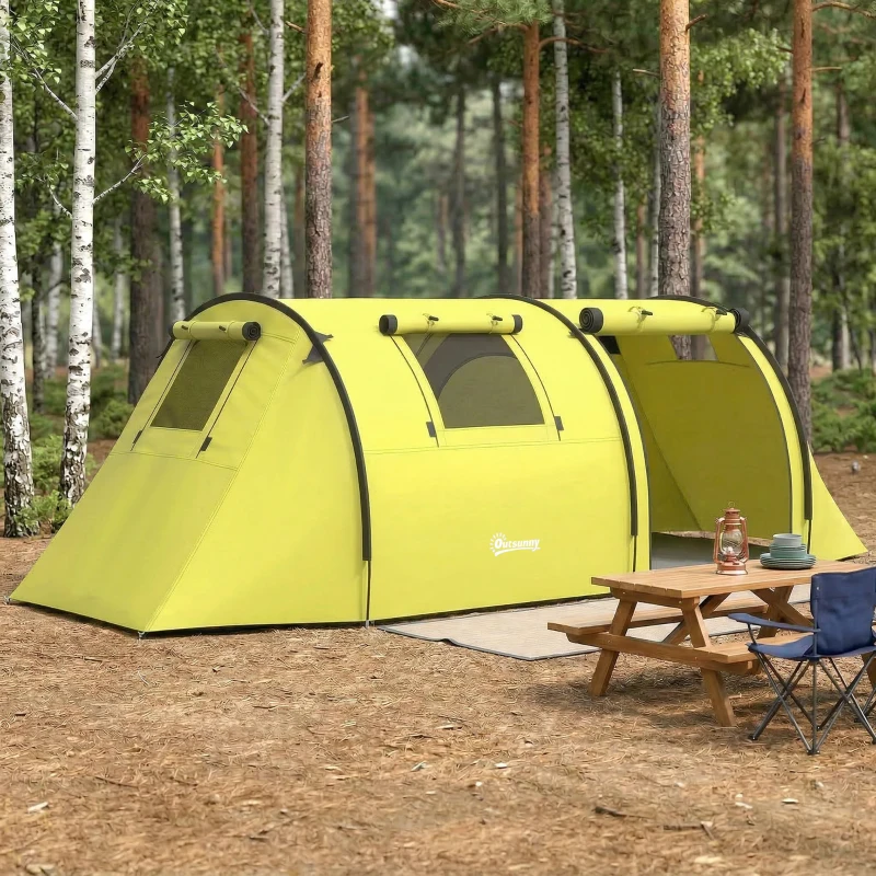 Outsunny 3-4 Person Camping Tent with 2 Rooms, 3000mm Waterproof Portable Family Tent with Carry Bag, Yellow