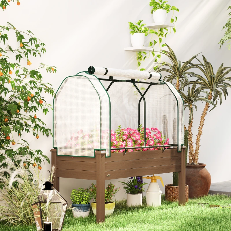 Outsunny Raised Garden Bed with PE Greenhouse Cover Outdoor Elevated Wood Planter Box for Herbs and Vegetables Brown