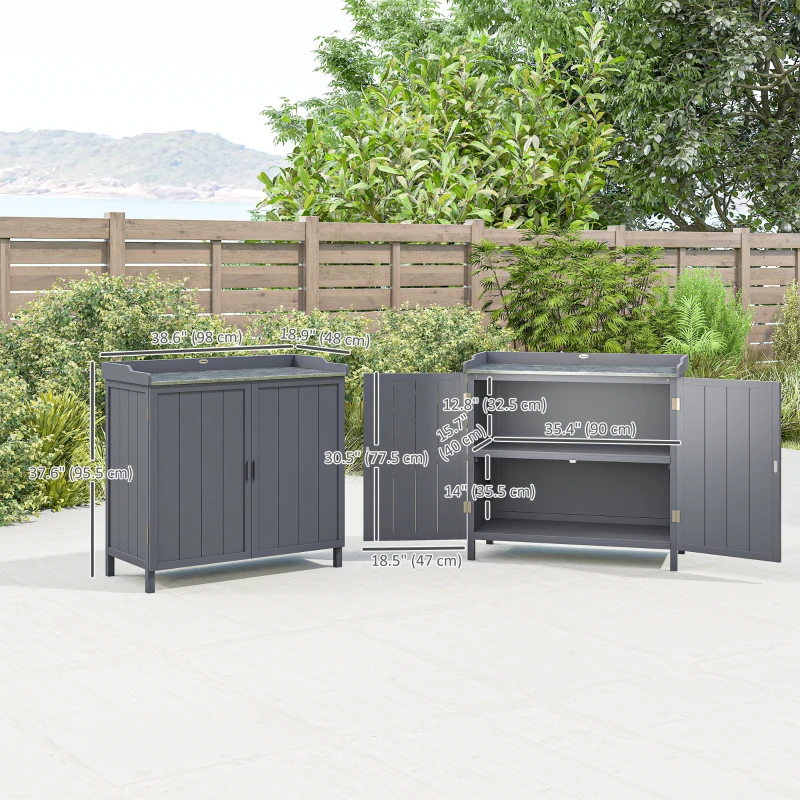 Outsunny Garden Storage Cabinet, Outdoor Potting Bench Table with Galvanized Top and Shelf, Tool Shed with Double Doors, Grey
