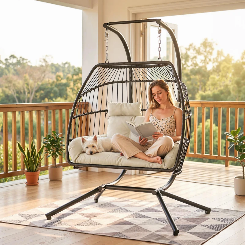 Outsunny Double Wicker Egg Swing Chair with Stand, Foldable Hanging Egg Chair with UV Resistant Cushion, Headrest, Cream White