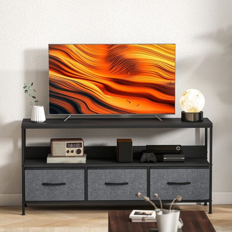 HOMCOM TV Stand with Charging Station, TV Table with 3 Foldable Linen Drawers and Open Shelf for 55 Inch Television, Black(m-10)