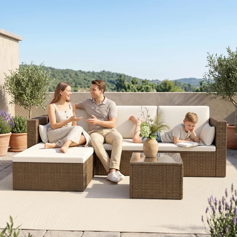 Outsunny 3pcs Modern Rattan Sofa Set, Wicker Patio Furniture Set with Coffee Table, Cushions, Pillows