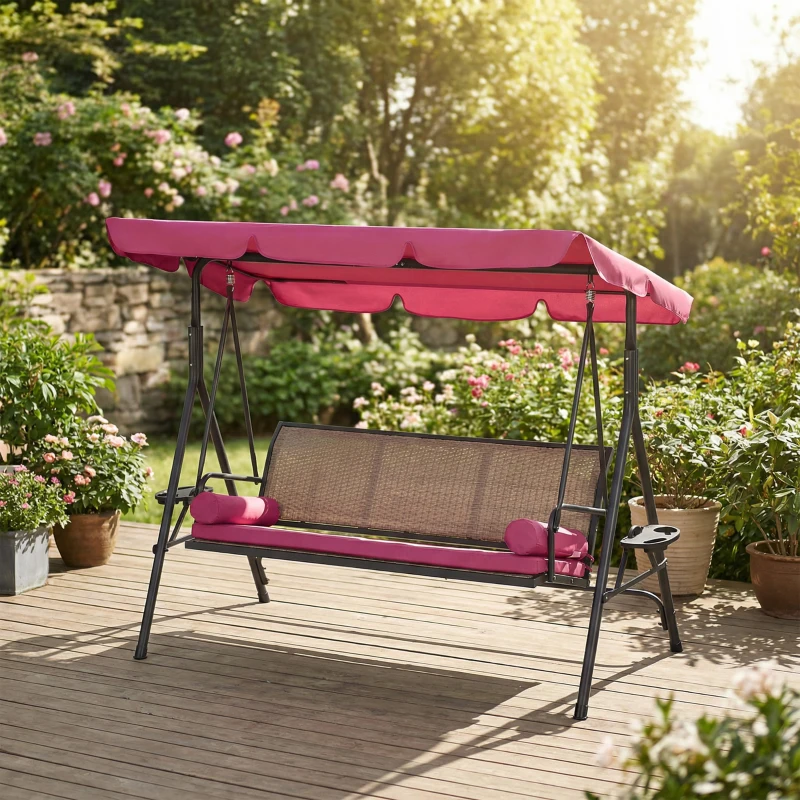 Outsunny Outdoor 3-Seat Porch Swing with Canopy, Rattan Seat, Removable Cushion, Pillows and Steel Frame