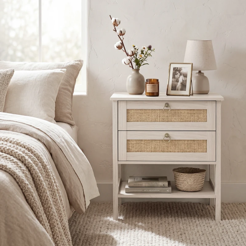 HOMCOM Set of 2 Boho Bedside Tables, Rattan Nightstands with 2 Drawers, Storage Shelf, End Side Tables for Bedroom, White Oak