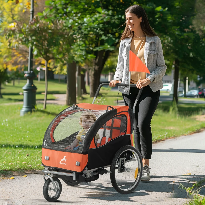 Aosom 2-in-1 Bike Trailer for Kids, Foldable 2-Seat Baby Stroller with 5-Point Harness, Rubber Wheels, Storage Bag, Orange
