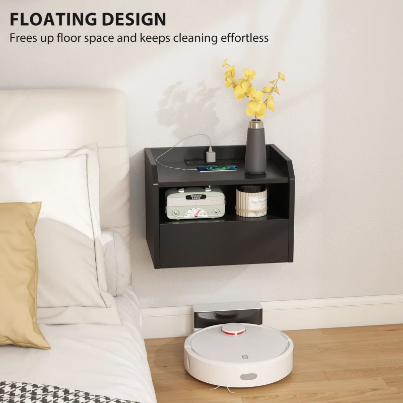 HOMCOM Wall Mounted Bedside Table, Set of 2 Floating Nightstand with Charging Station, Drawer and Open Shelf for Bedroom, Black