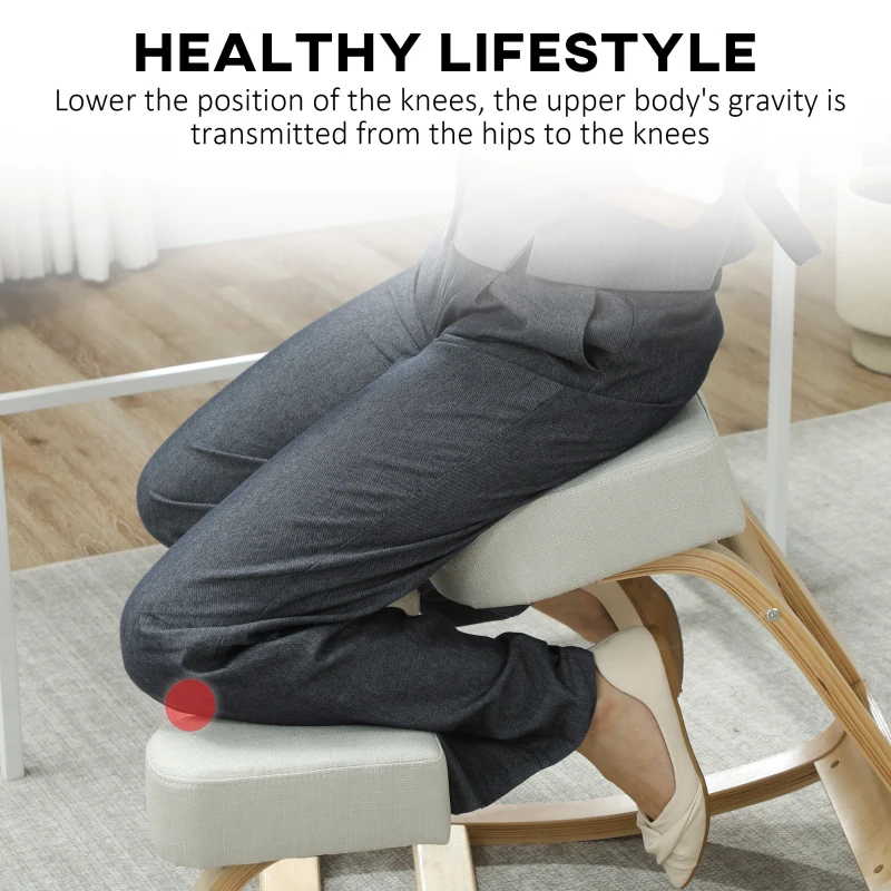 HOMCOM Ergonomic Kneeling Chair, Wood Kneel Stool with Thick Pads, Desk Knee Chair, Improve Posture, Cream White