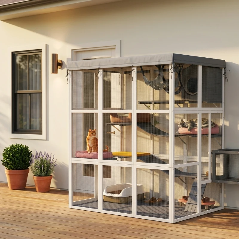PawHut Large Outdoor Catio Cat Enclosure with Hammock, Condo, Jump Platforms, Ladders, Ramps, Tarp, for 2-4 Large Cats, Gray